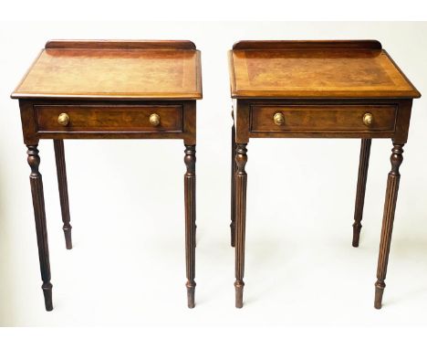 LAMP TABLES, a pair, Regency design burr walnut, each crossbanded with drawer and reeded supports, 54cm W x 45cm D x 77cm H. 