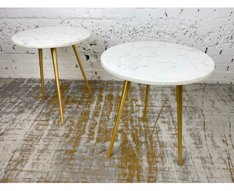 LAMP TABLES, a pair, 1970's Italian design, circular marble tops on tripod gilt metal legs, 54cm H x 46cm x 46cm. (2) 