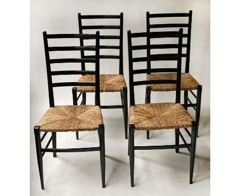 DINING CHAIRS, a set of four, 95cm H, black lacquered, ladder backs and rush seated in the manner of Leggera by Gio Ponti. (4