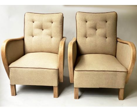 ART DECO ARMCHAIRS, a pair, with curved arms button backs and two tone taupe upholstery. (2) 