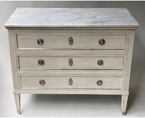 COMMODE, French Directoire style traditionally grey painted and silvered metal mounted with three drawers, 101cm W x 48cm D x