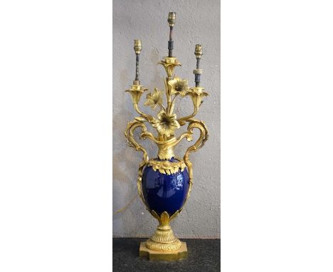 TABLE LAMP, 61cm H, late 19th/early 20th century French blue ceramic, gilt bronze and brass mounted. (with faults) 