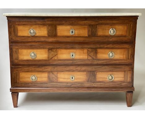 ITALIAN COMMODE, 18th century walnut and cherrywood panelled with white marble top above three long drawers, 124cm x 61cm x 9