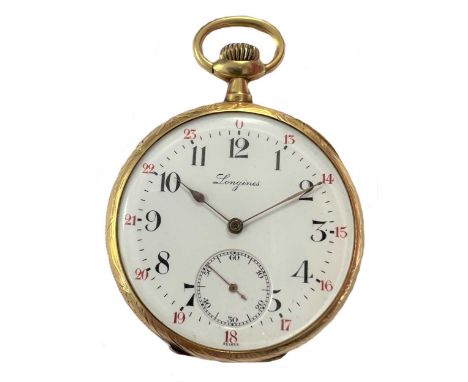 Longines - A French marked 18ct gold open faced pocket watch, circa 1918, the signed white dial, 41mm diameter, with black Ar