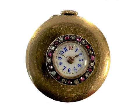 J. Pourrat et Fils, Genève - A rare Swiss 18ct gold gem set lapel watch, circa 1890, the unsigned white dial, 8mm diameter, w