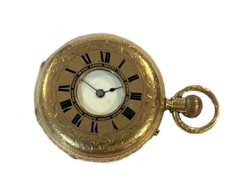 Hasluck Brothers, London - A late 19th century 18ct gold half hunter pocket watch, circa 1886, spring-loaded outer cover hing