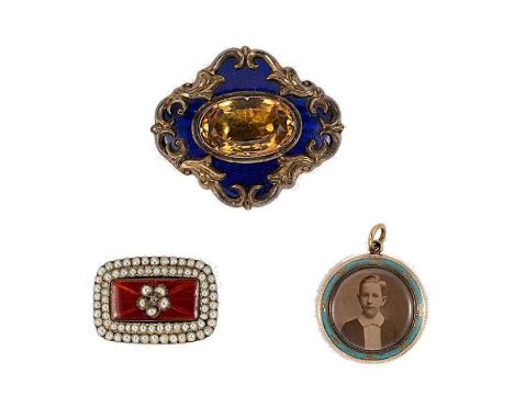 A trio of 19th century enamelled jewels, first, a gold cased brooch set with a central oval faceted foil backed citrine, surr