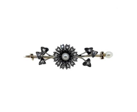 A Victorian pearl and diamond floral bar brooch, central flower set with a pearl, surrounded by rose cut diamonds with diamon