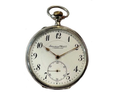 IWC, Schaffhausen - A Swiss silver open faced pocket watch, circa 1915, the signed white dial, 45mm diameter with step down i