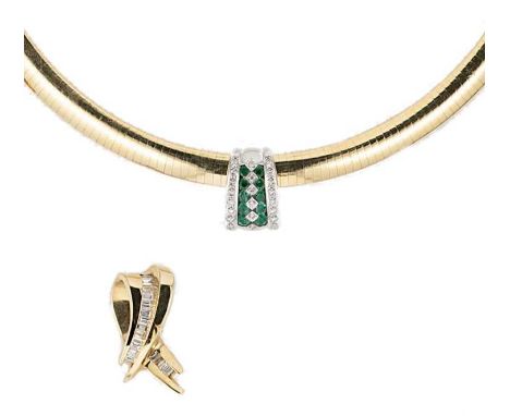 A necklace with detachable pendants, omega style necklace, length 32cm, width 8mm, unhallmarked, stamped '14KT', with two det
