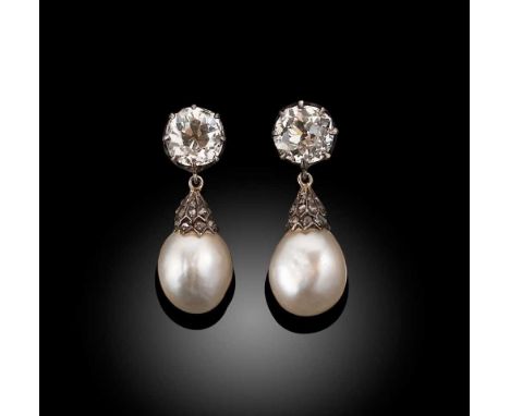 A pair of natural pearl and diamond ear pendants, each with a claw set old mine cut diamond, one approximately 6.7 x 6.6 x 4.