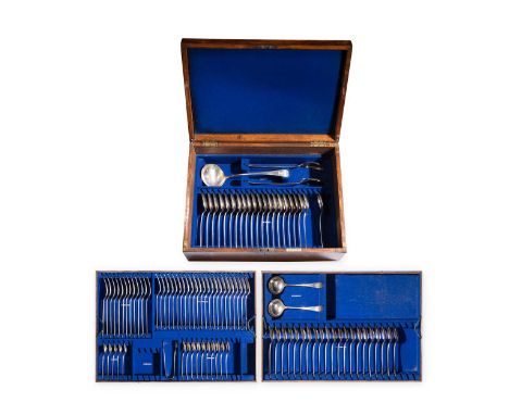 A canteen containing a 98-piece set of mid 19th century silver plated flatware, mark of Martin, Hall &amp; Company, tandem ma