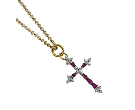 A ruby and diamond cross pendant and chain, the cross set with four central round brilliant cut diamonds, six rectangular fac