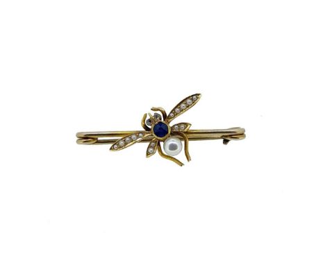 A sapphire, pearl and diamond insect brooch, thorax set with a round faceted sapphire, abdomen with a half pearl, the wings s