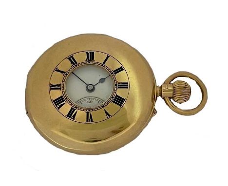 Dent, London - A late 19th century 18ct gold half hunter pocket watch, circa 1898, spring-loaded outer cover hinged at 9 o'cl