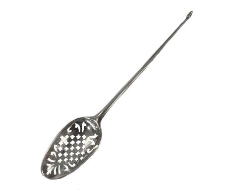 An 18th century silver mote spoon, bottom marked, marks indecipherable, oval pierced bowl and tapering handle with pointed fi