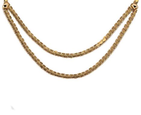 A modern fancy necklace, two row centrepiece with shield shaped terminations, fancy link chain with beaded decoration, bolt r