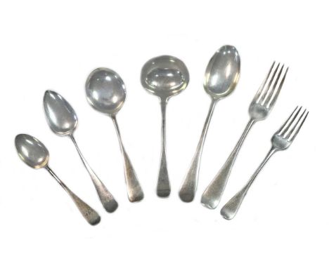 A 49-piece harlequin set of 19th century and later silver flatware, variety of dates and makers, London marked, some monogram