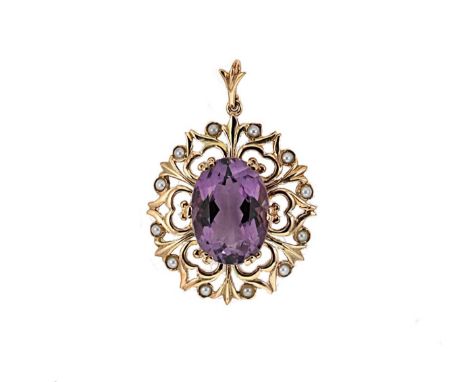 A mid 20th century amethyst and split pearl pendant, claw set oval faceted amethyst, approximately 18.35 x 13.2mm, estimated 