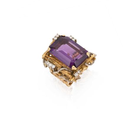 An amethyst and diamond ring, claw set octagonal amethyst, approximately 21 x 14mm, estimated approximate weight 18.00ct, sur