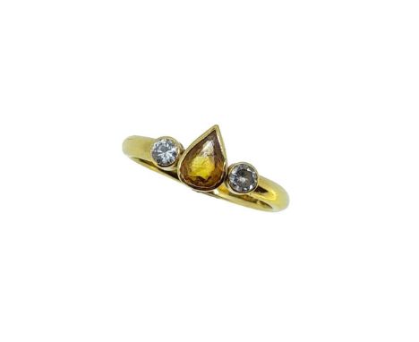 An 18ct gold yellow sapphire and diamond ring, rubover set pear shaped yellow sapphire, approximately 7 x 5.1mm, estimated ap