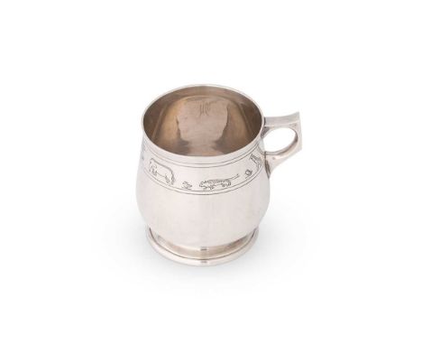 A George V silver christening tankard, mark of Asprey, London 1930, slightly baluster in form, decorated below the rim with a