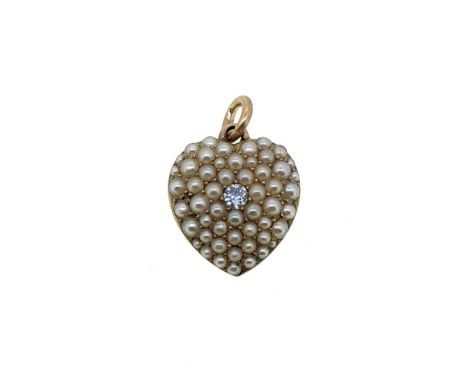 A split pearl and diamond heart pendant, central old brilliant cut diamond, estimated approximate weight 0.10ct, surrounded b