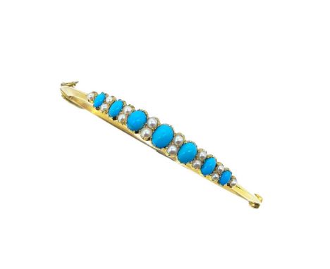 An early 20th century turquoise and split pearl bangle, seven graduated oval cabochon turquoise and fourteen split pearls, kn