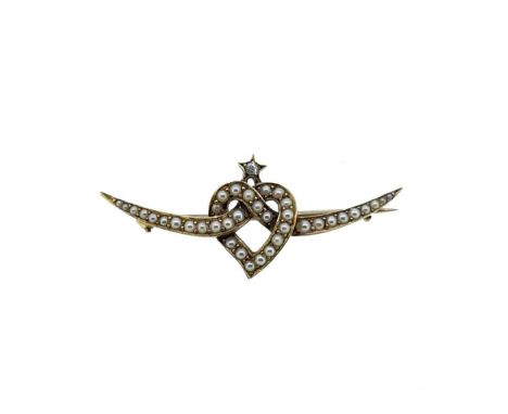 A split pearl and diamond set heart brooch, graduated split pearl set crossover heart, surmounted by a star, set with an old 