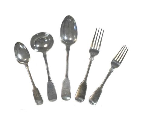 A 29-piece piece harlequin set of 19th century silver flatware with three additions, marks of the Lias family, London, 'Fiddl