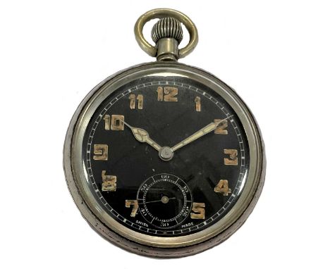 Unsigned - A military issue open faced pocket watch, circa 1939, the sterile black dial, 41mm diameter with (originally) lumi