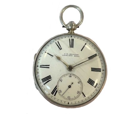 J.W. Benson, London - A Victorian Sterling silver open faced pocket watch and chain, watch, circa 1873, the signed white dial