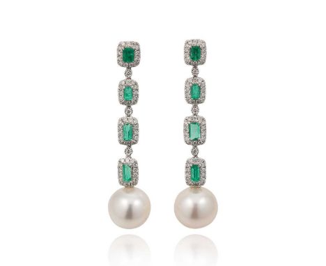 A pair of pearl, emerald and diamond ear pendants, each with four articulated sections set with a rectangular faceted emerald