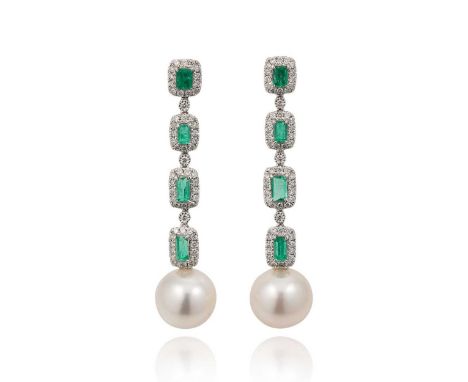 A pair of pearl, emerald and diamond ear pendants, each with four articulated sections set with a rectangular faceted emerald