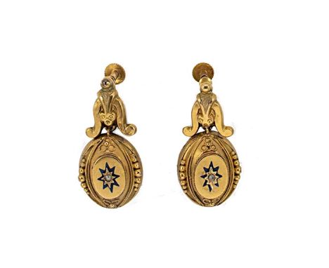 A pair of Victorian ear pendants, articulated oval shaped drops, each with a central split pearl surrounded by blue enamel, a