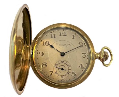 Tresor, Paris - A Swiss made 18ct gold full hunter pocket watch, circa 1928, the cream coloured dial marked CHRONOMETRE TRESO