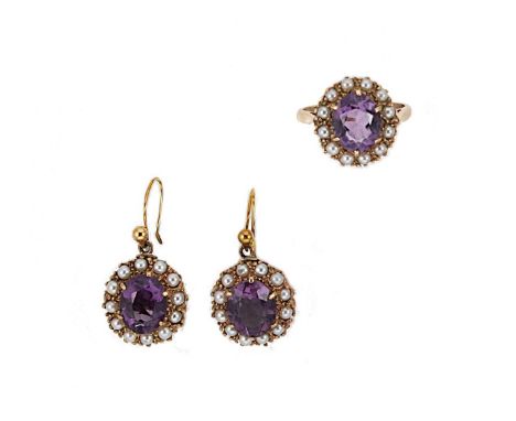 An amethyst and split pearl ring, together with a pair of ear pendants, the ring with a claw set oval faceted amethyst, appro
