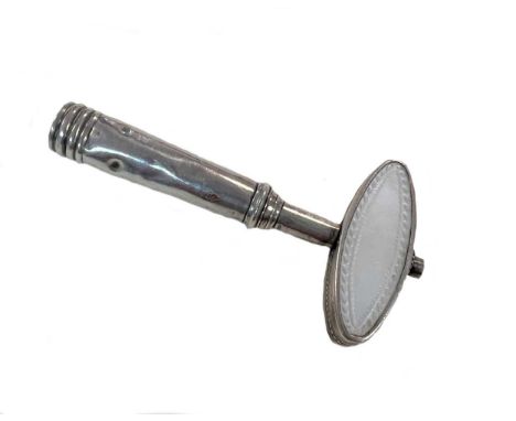 A George III travelling corkscrew, mark of Samuel Pemberton, the handle of navette form inlaid with engraved mother of pearl 