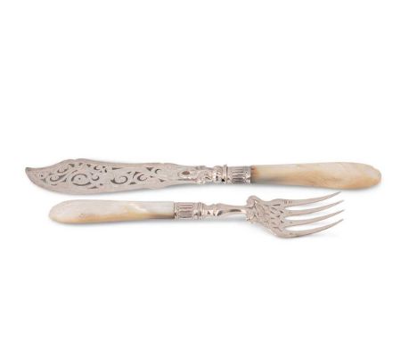 A pair of Victorian silver fish servers with mother of pearl handles, mark of Hilliard &amp; Thomason, Birmingham 1879, the t