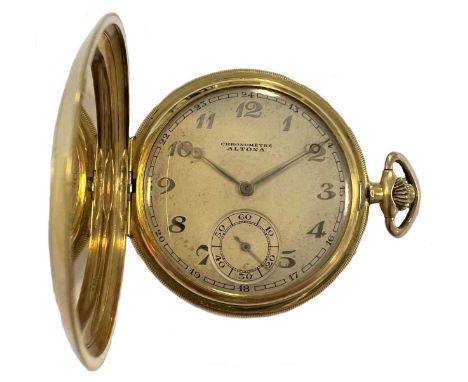 Altona - A Swiss 18ct gold full hunter pocket watch, circa 1930, the cream coloured dial marked CHRONOMÈTRE ALTONA, 40mm diam
