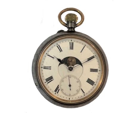J. Verhagen, Köln - A double sided open faced triple calendar and moonphase pocket watch, circa 1900, the unsigned white dial