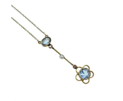 An early 20th century aquamarine and pearl necklace, central rubover set oval faceted aquamarine, suspending a bar set with a