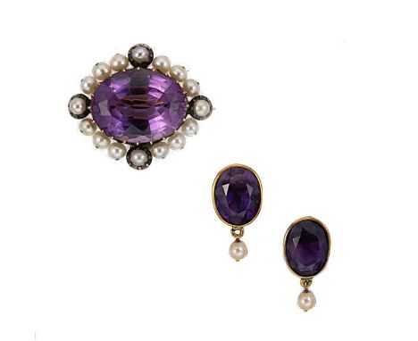 An amethyst and split pearl brooch, together with a pair of ear pendants, the brooch with an oval faceted amethyst, approxima