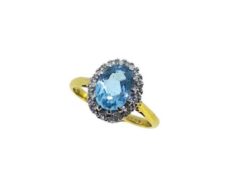 An aquamarine and diamond cluster ring, claw set oval faceted aquamarine, approximately 8 x 6mm, estimated approximate weight