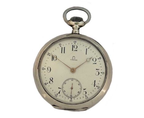 Omega - A Swiss silver open faced pocket watch, circa 1930, the signed white dial, 43mm diameter, with black Arabic numerals,