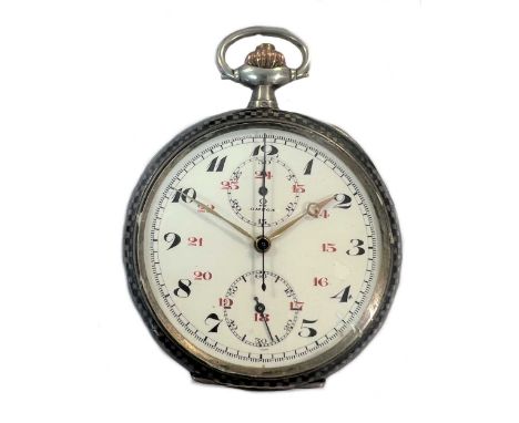 Omega - A Swiss silver open faced chronograph pocket watch, circa 1920, the signed white dial, 43mm diameter, with black Arab