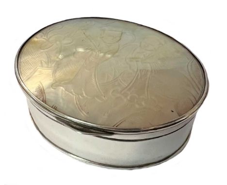 A George III silver and mother of pearl box, mark of Crispin Fuller, London 1800, of oval form, plain and polished sides, bot