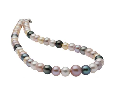 A multicolour Tahitian and akoya cultured pearl necklace, single row of fifty three graduated pearls, from 8 to 11.4mm, of na