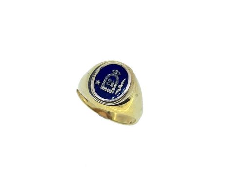 A 9ct gold and enamel Orange Order 'Royal Arch Purple Degree' swivel ring,  oval shaped swivel panel with blue enamel featuri