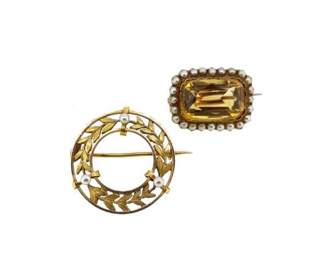 Two split pearl brooches, first, a rectangular brooch set with an octagonal citrine, approximately 15.2 x 9.9mm, surrounded b